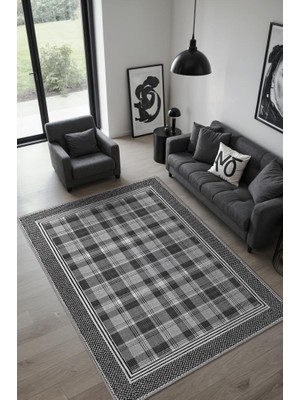 Homshtag Modern Geometrik Gri Halı, Kareli Minimalist Ev Dekoru Halısı, Yıkanabilir Ekose Halı