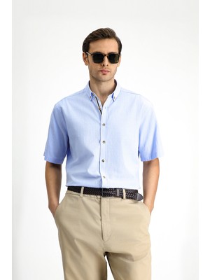 Kiğılı Kısa Kol Regular Fit Düğmeli Yaka Keten Görünümlü Pamuk Spor Gömlek