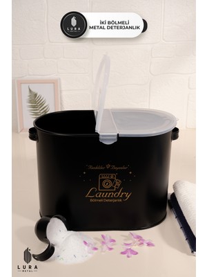2 Bölmeli Siyah Metal Plastik Deterjan Kutusu, Banyo Düzenleyici, 12 Lt