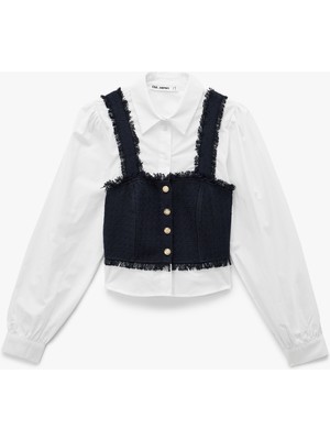 Koton Pamuklu Uzun Kollu Düğme Detaylı Gömlek Yaka Crop Bluz