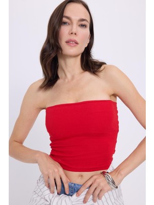 Tudors Kadın Slim Fit Dar Kesim Pamuklu Straplez Kırmızı Bluz