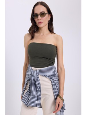 Tudors Kadın Slim Fit Dar Kesim Pamuklu Straplez Haki Bluz