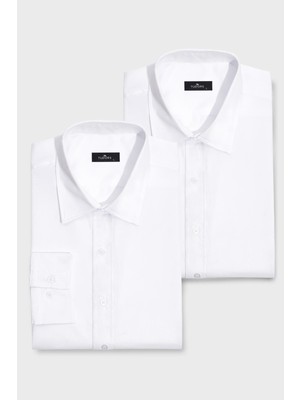 Tudors 2'li Paket Beyaz Slim Fit Kolay Ütü Teri Emen Nefes Alan Doku Dört Mevsim Erkek Gömlek