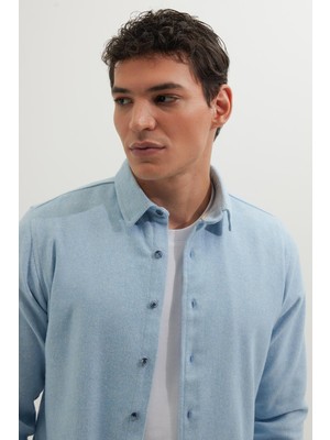 Tudors Erkek Slim Fit Dar Kesim Uzun Kollu Düz Kışlık Oduncu Mavi Gömlek