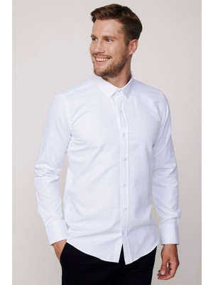 Tudors Modern Slim Fit Uzun Kollu Pamuklu Kolay Ütü Armürlü Erkek Beyaz Gömlek
