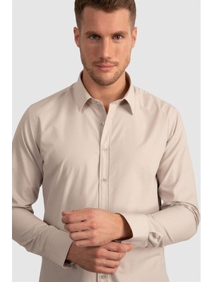 Tudors Erkek Slim Fit Dar Kesim Pamuklu Terry Cotton Kumaş Kolay Ütü Taş Renk Gömlek