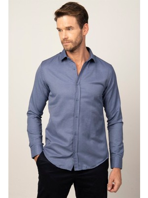Tudors Modern Slim Fit Uzun Kollu Pamuklu Kolay Ütü Armürlü Erkek Lacivert Gömlek
