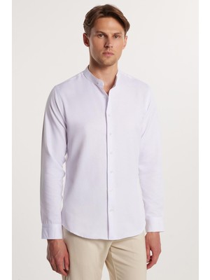 Tudors Erkek Slim Fit Dar Kesim Uzun Kollu Pamuklu Beyaz Hakim Yaka Gömlek