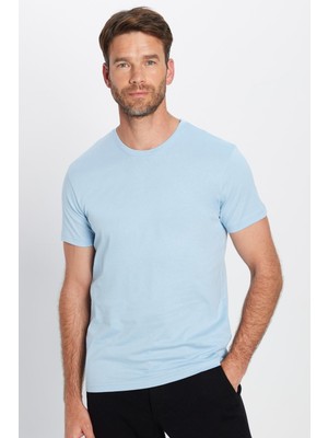 Tudors Unisex Slim Fit Dar Kesim %100 Pamuk Yumuşak Dokulu Mavi Bisiklet Yaka Tişört