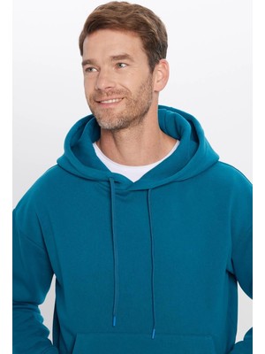 Tudors Unisex Oversize Geniş Kesim Pamuklu Yumuşak Dokulu İçi Polarlı Basic Petrol Kapüşonlu Sweatshirt