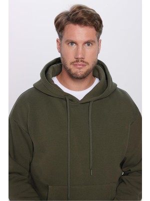 Tudors Unisex Oversize Geniş Kesim Pamuklu Yumuşak Dokulu Içi Polarlı Basic Yeşil Kapüşonlu Sweatshirt