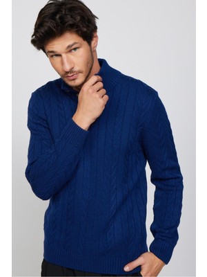 Tudors Erkek Slim Fit Dar Kesim Yumuşak Dokulu Desenli Dik Yaka Düğmeli Saks Mavi Triko Kazak