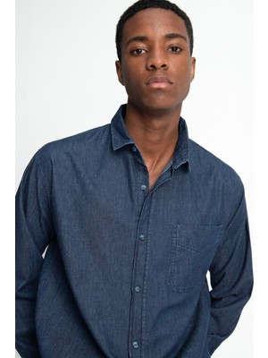 Tudors Relax Fıt Uzun Kollu Rahat Kalıp Denim Kot Tek Cep Erkek Lacivert Gömlek
