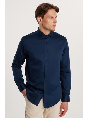 Tudors Slim Fit Uzun Kollu Koton Satenpremium Seri Erkek Lacivert Gömlek