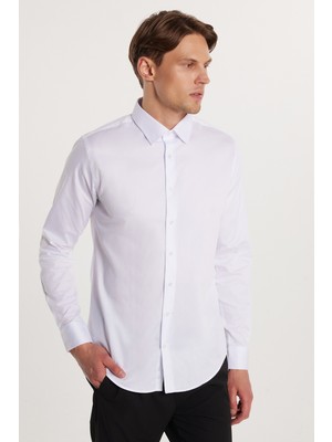 Tudors Slım Fıt Uzun Kollu %100 Koton Saten Premium Erkek Beyaz Gömlek