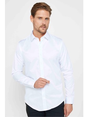 Tudors Slim Fit Uzun Kollu Gizli Pat Sırtı Körüklü Düz Erkek Beyaz Gömlek