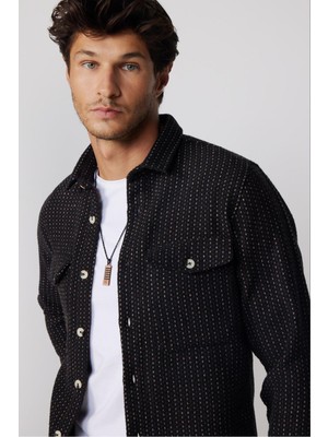 Tudors Erkek Slim Fit Dar Kesim Uzun Kollu Çizgili Çift Cepli Kışlık Oduncu Gömlek