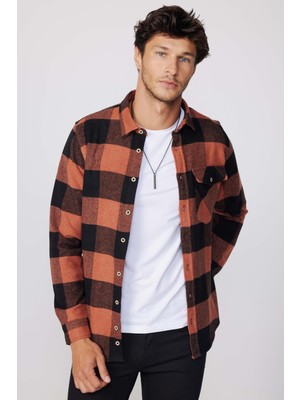Tudors Erkek Slim Fit Dar Kesim Uzun Kollu Kareli Tek Cepli Kışlık Oduncu Gömlek