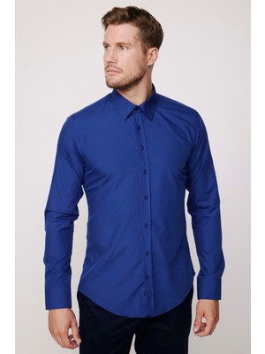 Tudors Erkek Slim Fit Dar Kesim Pamuklu Terry Cotton Kumaş Kolay Ütü Lacivert Gömlek