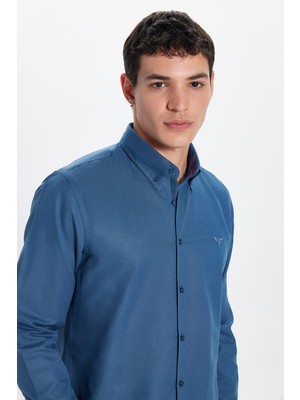 Tudors Erkek Slim Fit Dar Kesim Uzun Kollu Pamuklu Oxford Doku Petrol Renk Düğmeli Yaka Gömlek