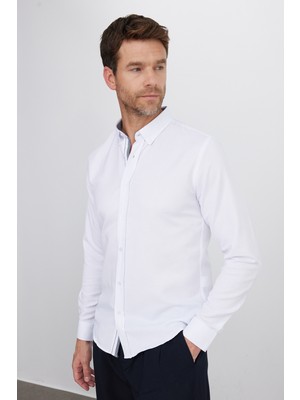 Tudors Slim Fit Uzun Kollu Düğmeli Yaka Pamuklu Kolay Ütü Düz Erkek Gömlek