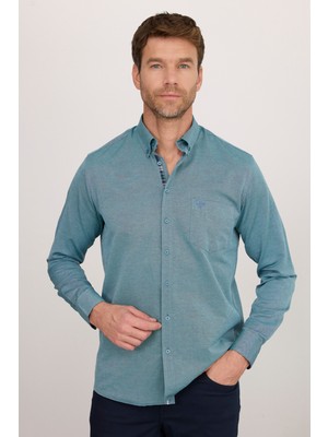 Tudors Erkek Regular Fit Klasik Kesim Pamuklu Oxford Doku Tek Cepli Yeşil Düğmeli Yaka Gömlek