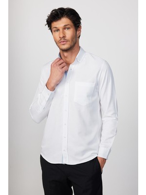 Tudors Klasik Fit Uzun Kollu Düğmeli Yaka Pamuklu Kolay Ütü Oxford Düz Erkek Gömlek