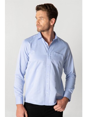 Tudors Erkek Regular Fit Klasik Kesim Armürlü Kravatlık Yaka Desenli Mavi Gömlek