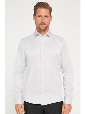 Tudors Erkek Modern Slim Fit Düz Saten Pamuklu Gri Gömlek