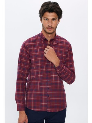 Tudors Erkek Regular Fit Klasik Kesim Düğmeli Yaka Küçük Kareli Pamuklu Gömlek