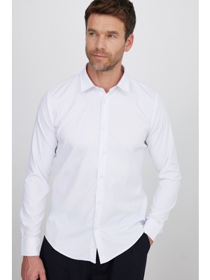 Tudors Slim Fit Uzun Kollu Likralı Düz Stretch Beyaz Erkek Gömlek