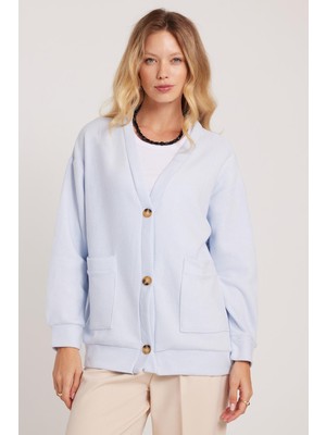 Tudors Kadın Relax Fit Rahat Kesim Örme Kumaş Çift Cepli V Yaka Mavi Hırka