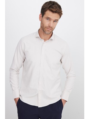 Tudors Erkek Regular Fit Klasik Kesim Pamuklu Kolay Ütü Armürlü Taş Rengi Gömlek