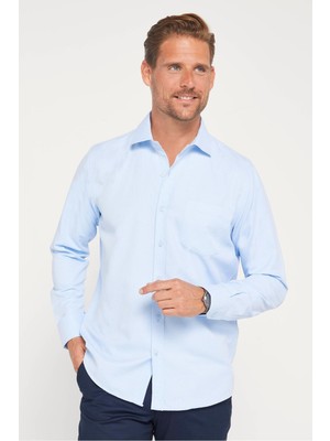 Tudors Erkek Regular Fit Klasik Kesim Kravatlık Armürlü Mavi Gömlek