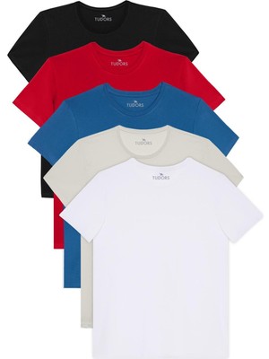 Tudors Unisex 5'li Paket Siyah-Beyaz-Taş-Kırmızı-Mavi Slim Fit Dar Kesim %100 Pamuk Bisiklet Yaka Tişört