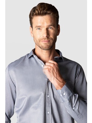 Tudors Erkek Regular Fit Klasik Kesim Pamuklu Kolay Ütü Armürlü Gri Gömlek