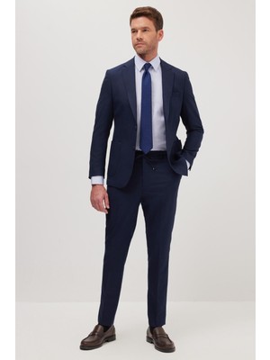 Tudors Erkek Slim Fit Mono Yaka Likralı Esnek Kumaş Lacivert Takım Elbise