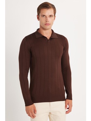 Tudors Erkek Slim Fit Dar Kesim Uzun Kol Polo Yaka Çizgili Kahverengi Kazak