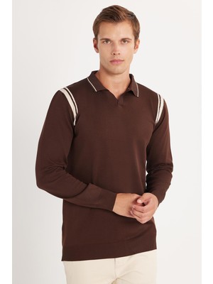 Tudors Erkek Slim Fit Dar Kesim Uzun Kol Polo Yaka Çizgili Kahverengi Kazak