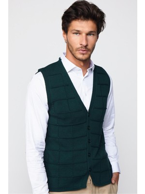 Tudors Slim Fit Yeşil Kare Desenli Erkek Yelek V Yaka Şık Tasarım Hafif Yapı