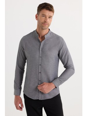 Tudors Slim Fit Uzun Kollu Hakim Yaka Pamuklu Kolay Ütü Erkek Gri Gömlek
