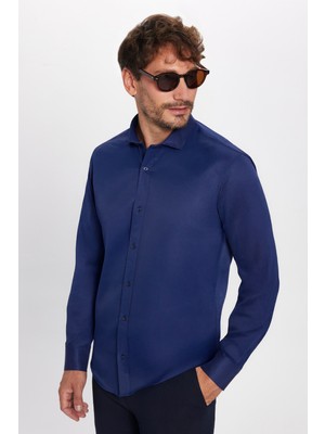 Tudors Modern Slim Fit Uzun Kollu Düz Saten Pamuklu Erkek Lacivert Gömlek