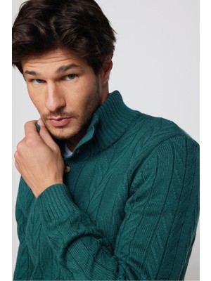 Tudors Erkek Slim Fit Dar Kesim Yumuşak Dokulu Desenli Dik Yaka Düğmeli Yeşil Triko Kazak