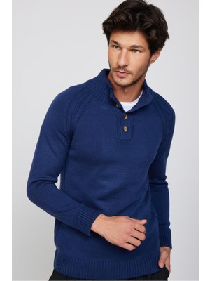 Tudors Erkek Slim Fit Dar Kesim Dik Yaka Düğmeli Lacivert Triko Kazak