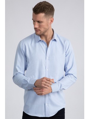 Tudors Modern Slim Fit Uzun Kollu Pamuklu Kolay Ütü Armürlü Erkek Mavi Gömlek