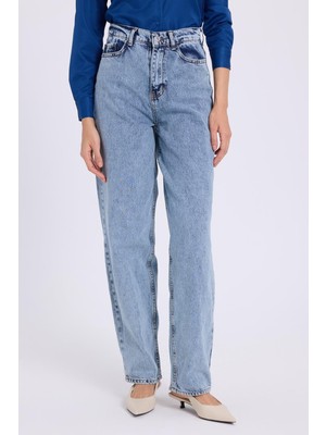 Tudors Kadın Regular Fit Klasik Kesim Baggy Pamuklu Geniş Paça Mavi Jean Pantolon