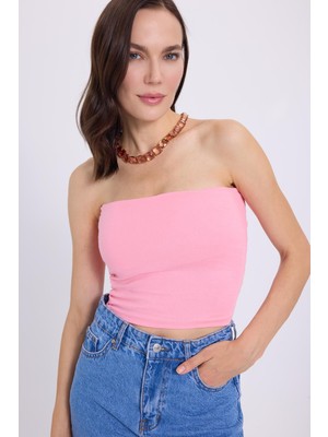 Tudors Kadın Slim Fit Dar Kesim Pamuklu Straplez Pembe Bluz