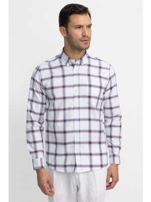 Tudors Erkek Regular Fit Klasik Kesim Düğmeli Yaka Küçük Kareli Pamuklu Beyaz Gömlek
