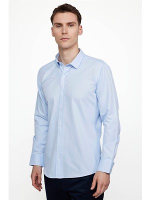Tudors Erkek Modern Slim Fit Pamuklu Düz Mavi Gömlek