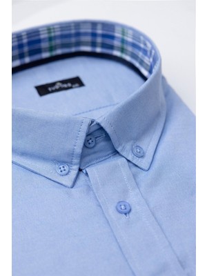 Tudors Erkek Big Size Büyük Beden Uzun Kollu Pamuklu Oxford Doku Tek Cepli Mavi Düğmeli Yaka Gömlek